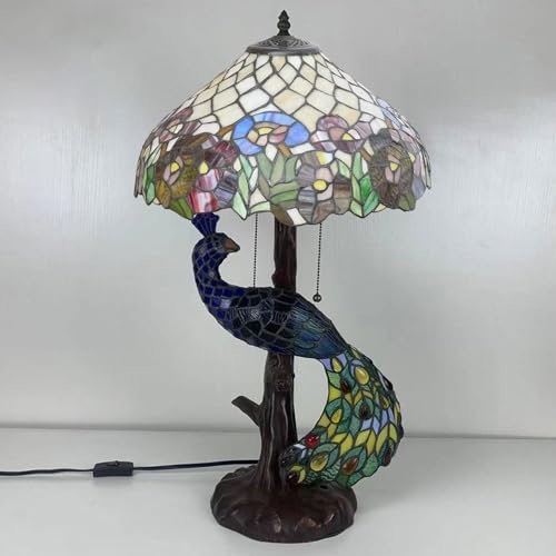 BOTOWI 16 Zoll breite Tiffany Lampe handgemachte Nachttischlampe aus Buntglas Rose Pfau Schreibtischleuchte für Küche Ecke Büro Schlafzimmer Wohnzimmer Hochzeit,Rot