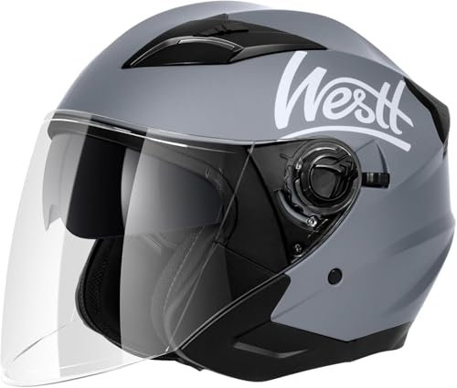 Westt Jet Casco Moto Certificado ECE 22.06 Hombre Mujer Casco de Moto con Doble Visera capacete Casco Jet Scooter Trail, Gris Mate, L (59-60 cm)