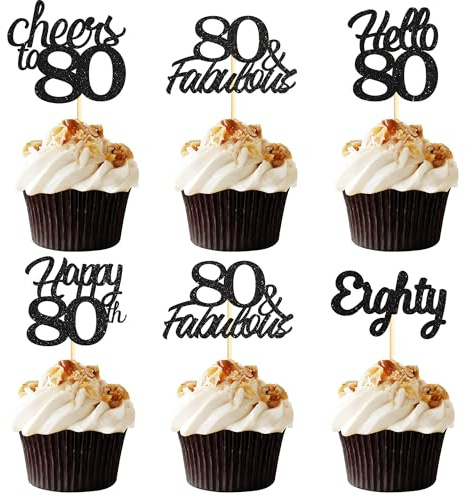 Sotpot 30 pack Black Glitter 80th Birthday Cupcake Toppers Hello 80 Cheers to 80 Years Cupcake Picks for 80th Birthday and Anniversary Party Cake Decorations
