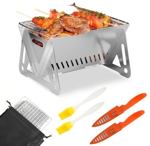 Barbecue Portatile - Griglia Portatile - Barbecue Portatile a Carbone, BBQ, 21×16×13 cm, Acciaio Inossidabile, Facile Montaggio/Smontaggio, con Borsa, Spazzola e Coltello, per 1-2 Persone