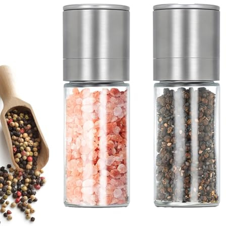 Macina Sale e Pepe 2 Set, Mini Macina Sale Pepe Macinasale, Macina Spezie in Acciaio Inox, Ruvidità Regolabile, Macina Sale a Ricarica, per Condimenti, Pepe, Peperoncino, Argento