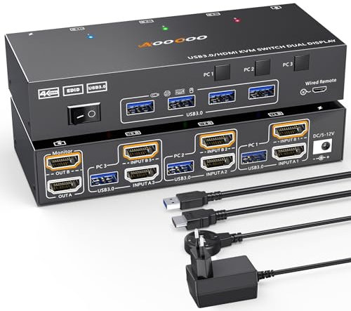 Switch KVM HDMI 3 PC 2 monitor 4K @60Hz/2K@120Hz con funzione EDID KVM Switch telecomando cablato, alimentatore e cavo USB 3.0 inclusi