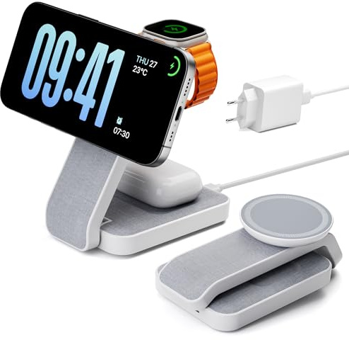 Eazpower Magsafe Ladestation für Apple Watch und iPhone 3 In 1 Faltbare, Magsafe Ladegerät Schnellladefunktion mit Nachtlicht Unterwegs für iPhone 17~12, Apple Watch 11~2, AirPods - Elfenbeinweiß