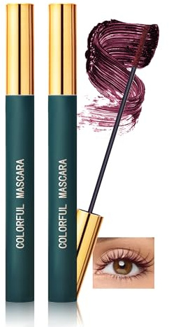 Mascara Wasserfest mit Ultrafeiner Bürste für Kurze Wimpern, 2Pcs Wimperntusche Burgundy Volume und Lange Wimpern, Langlebig Wischfest, Quick-drying, Hochpigmentiert Bunt Mascara Makeup für Frauen-03