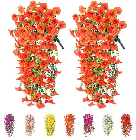 2Pcs Artificial Hanging Flowers Outdoor, Fake Trailing Plants Morning Glory Decoration UV-Resistant for Hanging Baskets - Spring Decor Garden Porch Wedding , Drooping Design for Pots & Patio (Orange)