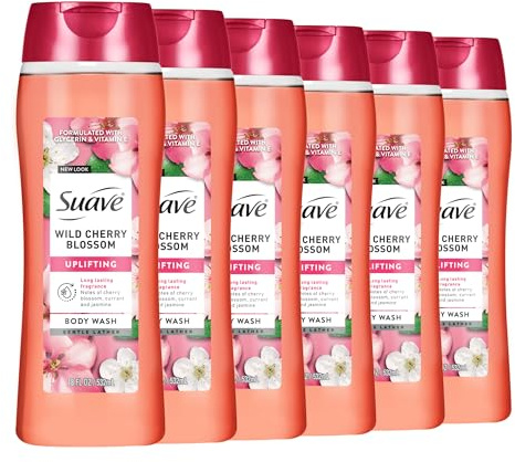 Suave Moisturizing Body Wash, with Wild Cherry Blossom and Vitamin E Extract, No Parabens, No Phtahaltes, 18 Oz Pack of 6