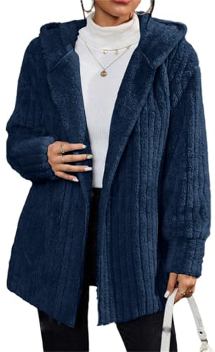 TOFOTL Lana Blazer Donna Invernale， Maglione Aperto Classico in Pile a Scozzese, Spolverino in Velluto con Cappuccio, Firmato Giacca Velluto Maniche Lunghe con Tasche Maglieria 06-Blu Marino XL