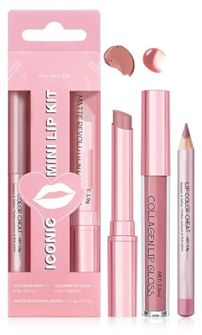 3PCS Lip Liner and Lipstick Combo Set – Matte Lip Liner Pencil with Velvet Matte Lipstick & Hydrating Collagen Gloss, Waterproof Long Lasting High Nude Pink Stain Makeup Kit (1#)