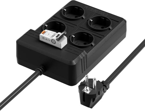 SAFEMORE Regleta con 4 Enchufes 16A 4000W, Cable de 3m,Negro | Interruptor diferencial RCD 30mA, Tipo A con protección magnetotérmica,Enchufe Schuko seguro