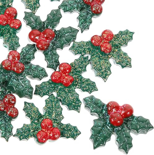 Artibetter 50pezzi Decorazioni Natalizie Ciondoli Foglie di Agrifoglio Bacche Ornamenti Resina Abbellimenti per Albero di Natale Regali Copricapo