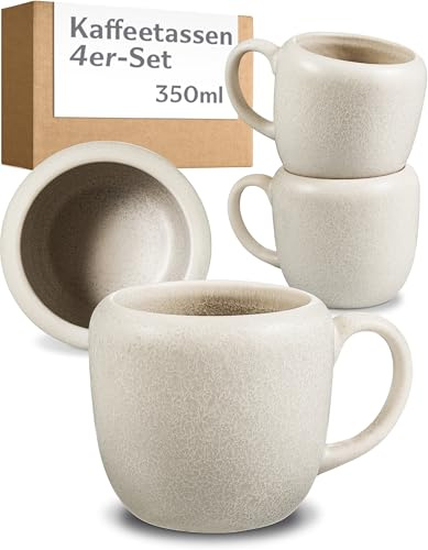 Cosumy Juego de 4 Tazas Cafe Grandes Blancas – Mug & Taza Cafe de Ceramica 350ml – Juego Cafe que Conserva el Calor – Elegantes Tazas Desayuno con Esmalte Artesanal – Juego Tazas Cafe con Leche