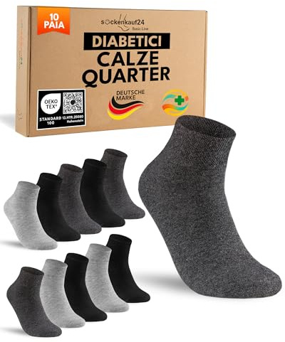 sockenkauf24 10 Paia Calze Diabetici Uomo senza Elastico Calzini Corte Quarter Cotone senza Cucitura Nero Grigio 43-46
