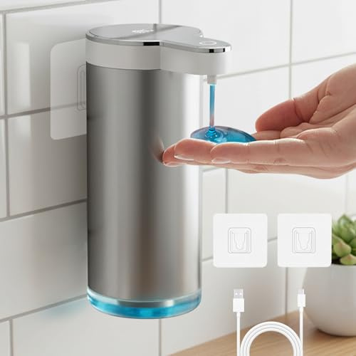 Kqpoinw Seifenspender Automatisch Edelstahl, 350ml Elektrischer Seifenspender Wandbefestigung mit Sensor, 4 Stufen Verstellbar USB-C Aufladbar, IPX5 Wasserdicht, No Touch Soap Dispenser für Bad Küche