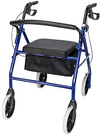 HOBBYZOO 4 Wheel Walker with Padded Seat and Back, Foldable and Height Adjustable Rollator, Iron and Nylon Walker for Seniors and Disabled, Blue and Black