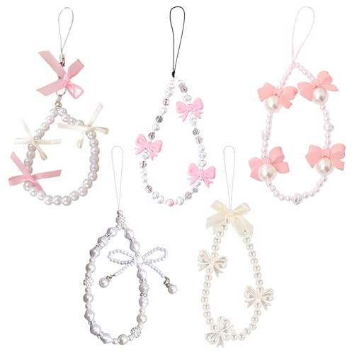 JSTHHTT 5 Pcs Longe de Téléphone Portable, Perle Chaîne Charms Anti-Perte Pendentif Chaîne, Dragonne Bracelet Porte-Clés, Dragonne de Téléphone Portable Perlée pour Femmes Filles