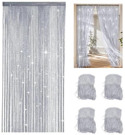 Jinfanshurich 4 Stück Fadenvorhang 100×200 cm – Glitzer Türvorhang & Fensterdekoration, Perlenvorhang als Raumteiler für Hochzeit, Party & Wohnraum (Silbergrau)