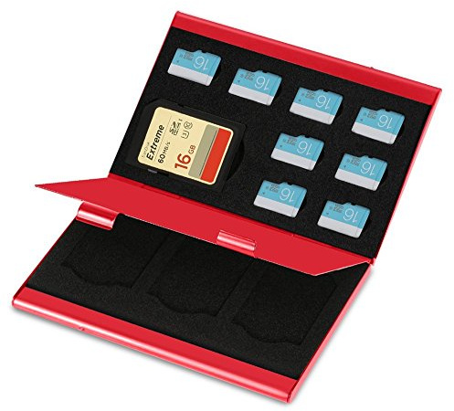 Aufbewahrungsbox für Speicherkarte, für Micro-SD-Karte und TF-Karte aus Aluminiumlegierung, 9,3 x 6 x 1 cm, 8 Stück TF & 4 Stück SD-Karte Rot