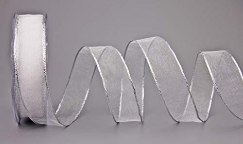 Chiffon Dekoband WEISS / Silber 20 m x 25 mm Rolle (0,80€/m) Chiffonband Organza mit Silberkante glänzend transparent Geschenkband Drahtkantenband Schleifenband elegant festlich Dekoration Weihnachten