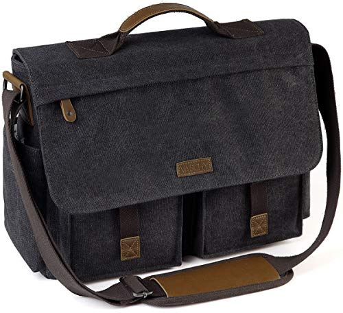 Sac à Bandoulière Homme, VASCHY 15.6 Pouces Vintage Messager Besace Sacoche Homme Résistant à l'eau Ciré Toile Convient Portable Voyage Sac à épaule Mallette avec Bandoulière Rembourrée(Gris Foncé)