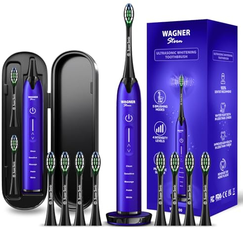 Wagner & Stern Brosse à dents blanchissante à ultrasons avec capteur de pression, 5 modes de brossage et contrôle de l'intensité, 8 têtes de brosse souples.