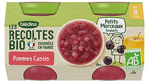Blédina Les Récoltes Bio, Petits pots bébé Bio dès 10 Mois, Pommes Cassis Petits Morceaux, 2x130g