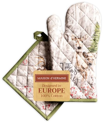 Maison d' Hermine Mountain Life Ensemble de Gants de Cuisine 100% Coton (19cm x 33cm) et manique (20cm x 20cm) pour Barbecue, Cuisine, Micro-Onde, Thanksgiving/Noël
