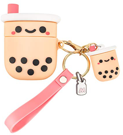 Newseego Custodia Cover in Silicone Morbido con Portachiavi Compatibile con AirPods 1&2- Funny Kawaii Cartoon 3D Tazza di tè al Latte Cover Protettivo Antiurto Carina Cover per Airpods 1 e 2 (Rosa)