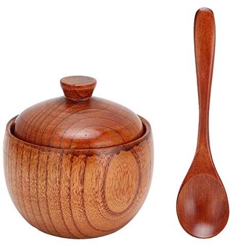 Holz Zuckerdose, Japanischer Stil Gewürzglas mit Deckel und Löffel, Breite Öffnung für Nüsse, Süßigkeiten, Tee, 15cm Höhe aus Jujube-Holz für Küche, Restaurant und Outdoor