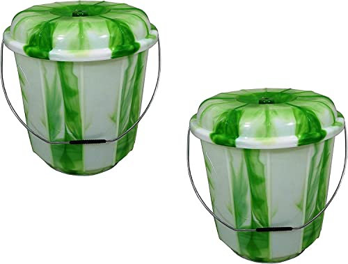 (Set of 2) - 3L Litre Plastic Tie Dye Design Buckets with Lid and Metal Handle Multipurpose Storage Bucket Hard Wearing Bucket for Garden Home Cleaning Camping Fishing Travel Water Storage (Green)