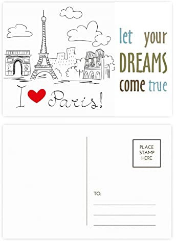 I Love Paris Frankreich Eiffelturm Line Dream Come True, Postkarten-Set Dankeskarten 20 Stück