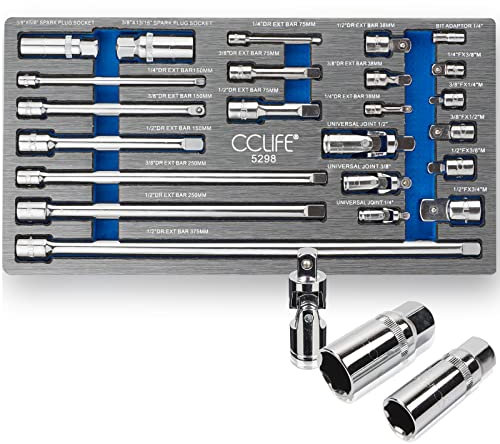 CCLIFE 23tlg Steckschlüssel Verlängerung Satz 1/4' 3/8' 1/2' Ratsche Knarre Verbindungsteile inkl. Stecknuss Adapter Kardangelenk Zündkerzen Nuss | Cr-V
