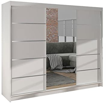 Mirjan24 Kleiderschrank Dotan VI mit Spiegel, Kleiderstange und Fächer, Schlafzimmerschrank, Schwebetürenschrank, Dielenschrank, Garderobenschrank (Weiß/Weiß)