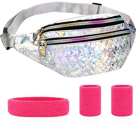 Fengzio Bauchtasche Damen und Schweißband Set,Wasserdicht Gürteltasche mit 3 Reißverschluss Fächer, 80er,90er Jahre Outfit Damen Bauchtasche, Stylisch Hüfttasche Mädchen für Festival,Party,Sport