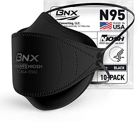 BNX N95 Mask Black NIOSH Certified MADE IN USA Particulate Respirator Protective Face Mask, Tri-Fold Cup/Fish Style, (10-Pack, Approval Number TC-84A-9362 / Model F95B) (Headband) Black
