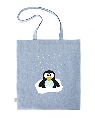Svanhilde Jutebeutel für Mädchen & Jungen | Tragetasche Baumwolle Kleiner Pinguin im Schnee | Stofftasche Kinder-Stoffbeutel | mit langen Henkel (Blau)