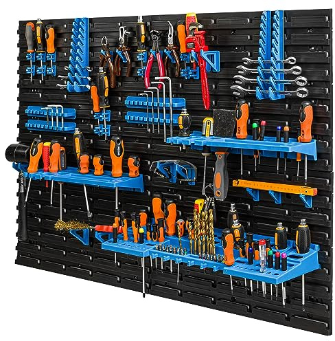 Étagere a Outils 117 x 78 cm, bacs a bec, boites de rangement, panneau murale, crochets a outils, Porte-Outils,en Plastique, bleu couleur, garage atelier, banc de travail