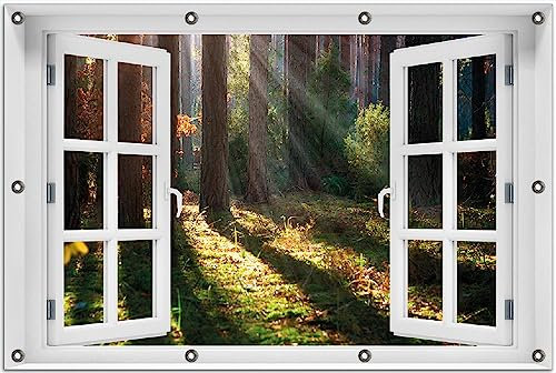 Wallario Outdoor-Poster für Garten oder Balkon Sonnenstrahlen im Herbstwald, Motivbanner Größe: ca. 80 x 120 cm Fenster-Illusion