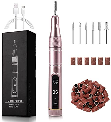 Madenia Nagelfräser für Gelnägel Kabellos Akku, Elektrische Nagelfräser 35000 U/min Professionell, USB Wiederaufladbare, 35 Geschwindigkeitsstufen Einstellbar, Maniküre Pediküre Set, Nail Drill, Rosa