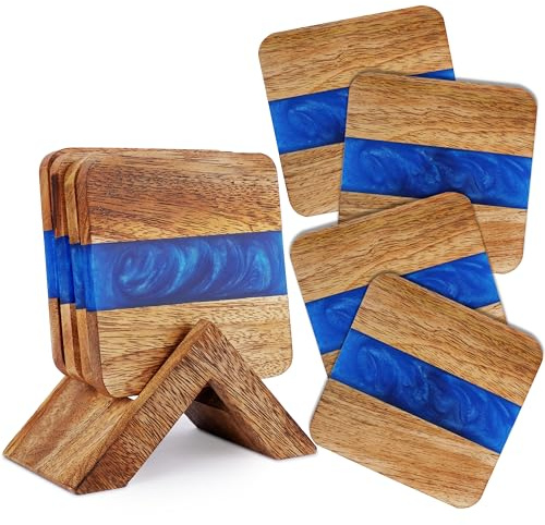 Ajuny Holz Untersetzer für Gläser mit Halter 4er-Set Handgefertigt Holz und Harz Quadratische Blau Dekorativ Tischschutz für Getränke Tassen Bierdeckel Heim Küche Büro und Bar Dekor