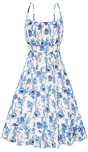 Women Summer Casual Floral Midi Dresses Smock Strappy A Line Chiffon Boho Dress Square Neck Blue Floral S