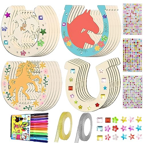 Hufeisen Holz Kindergeburtstag, 24 Stück Unvollendete Hufeisen Basteln | Hufeisen zum Bemalen mit 12 Aquarellstift, Paillettenaufklebern und Glitzerband für DIY Geburtstag Party Dekoration
