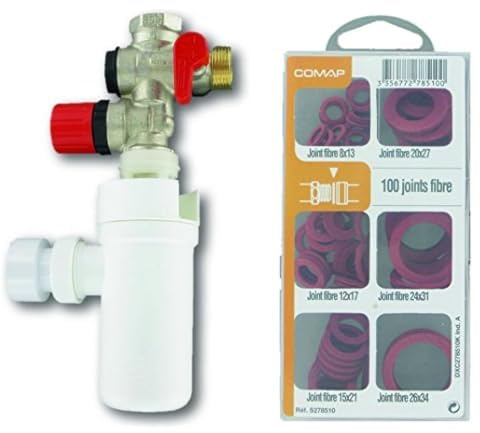 COMAP Groupe de sécurité 889 3/4 (20x27) droit NF avec siphon d'évacuation & Coffret de 100 Joints fibre pour eau chaude/froide