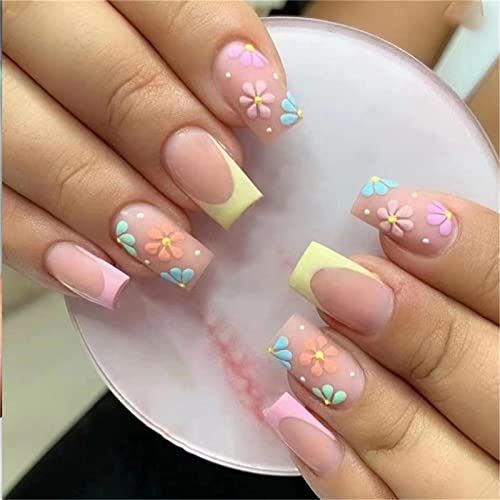 24 uñas postizas de flores de verano francesas cuadradas medianas a presión con pegamento para mujeres y niñas, decoración de manicura