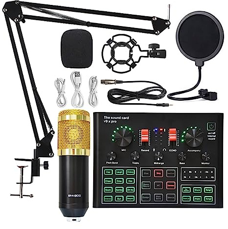 EBAYTV Kit Scheda Audio, Bm 800 Microfono Scheda audio Microfono wireless a condensatore da studio professionale for giochi USB Canto Karaoke MIC for telefono PC(Gold BM800 V9XPRO)