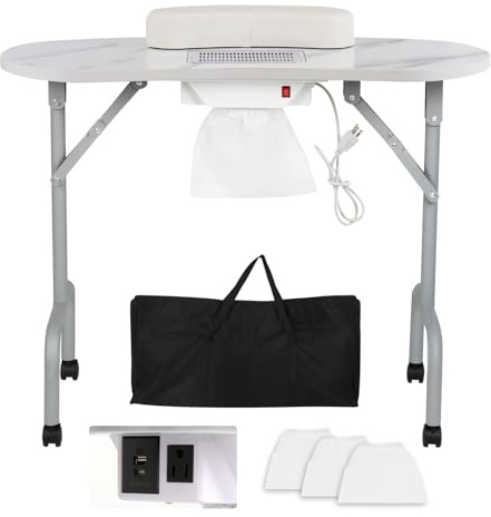 AGESISI Portable Manicure Table Foldable Nail Desk with Charging Station & Dust Collector Professional Nail Tech Table for Technician Spa Salon Workstation, Wrist Pad 4 Lockable Wheels, White Marbled