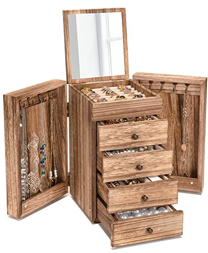 Emfogoo Schmuckkästchen, 5 Ebenen Schmuckaufbewahrung, Große Holz Schmuckkasten Organizers mit Spiegel & 4 Schubladen, Schmuckschatulle für Ringe Ohrringe Halsketten Armbänder(Rustikal Braun)