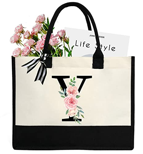 sundee Personalisierte Initial Leinwand Strandtasche, Leinwand Tragetasche mit Innentasche mit Reißverschluss, Monogramm Geschenk Tragetasche für Hochzeit, Geburtstag, Urlaub, One Size