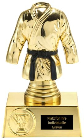 Danträger Pokal - Yūdansha Ehrung Kampfsport - Schwarzer Gürtel Trophäe | Goldener Kunststoffpokal mit Wunschgravur für Kampfsportler, Höhe 17 cm, Individuelle Auszeichnung für Schwarzgurt-Träger