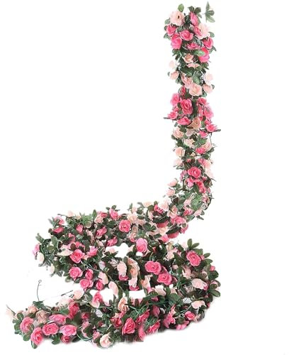 Weldomcor 5 Pezzi da 2,45 m Artificiale Ghirlanda di Fiori Rose Rosa Viti Fiori di Seta Appesa Rattan Ghirlanda All'aperto Decorazione Per Arco di nozze Camera da Letto Casa Giardino Decorazione