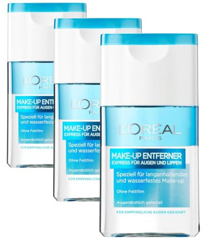 L'Oréal Paris Make-Up Entferner, Gesichtsreinigung speziell für langanhaltendes und wasserfestes Augen- und Lippen Make-up, Für empfindliche Augen geeignet, 1 x 125ml (Packung mit 3)